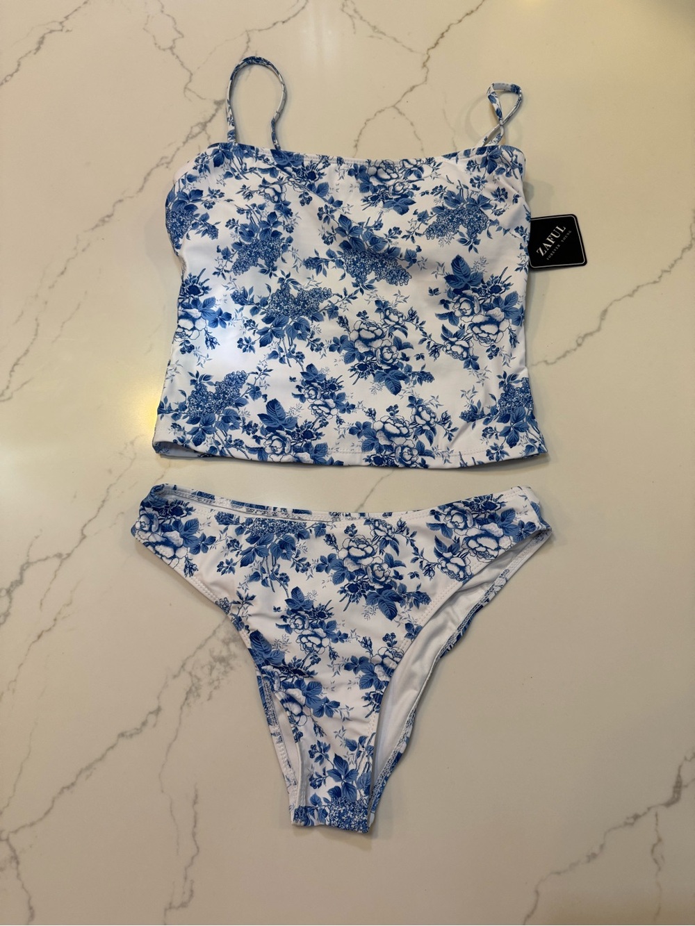 Zaful White & Blue Floral Bandeau Tankini Set